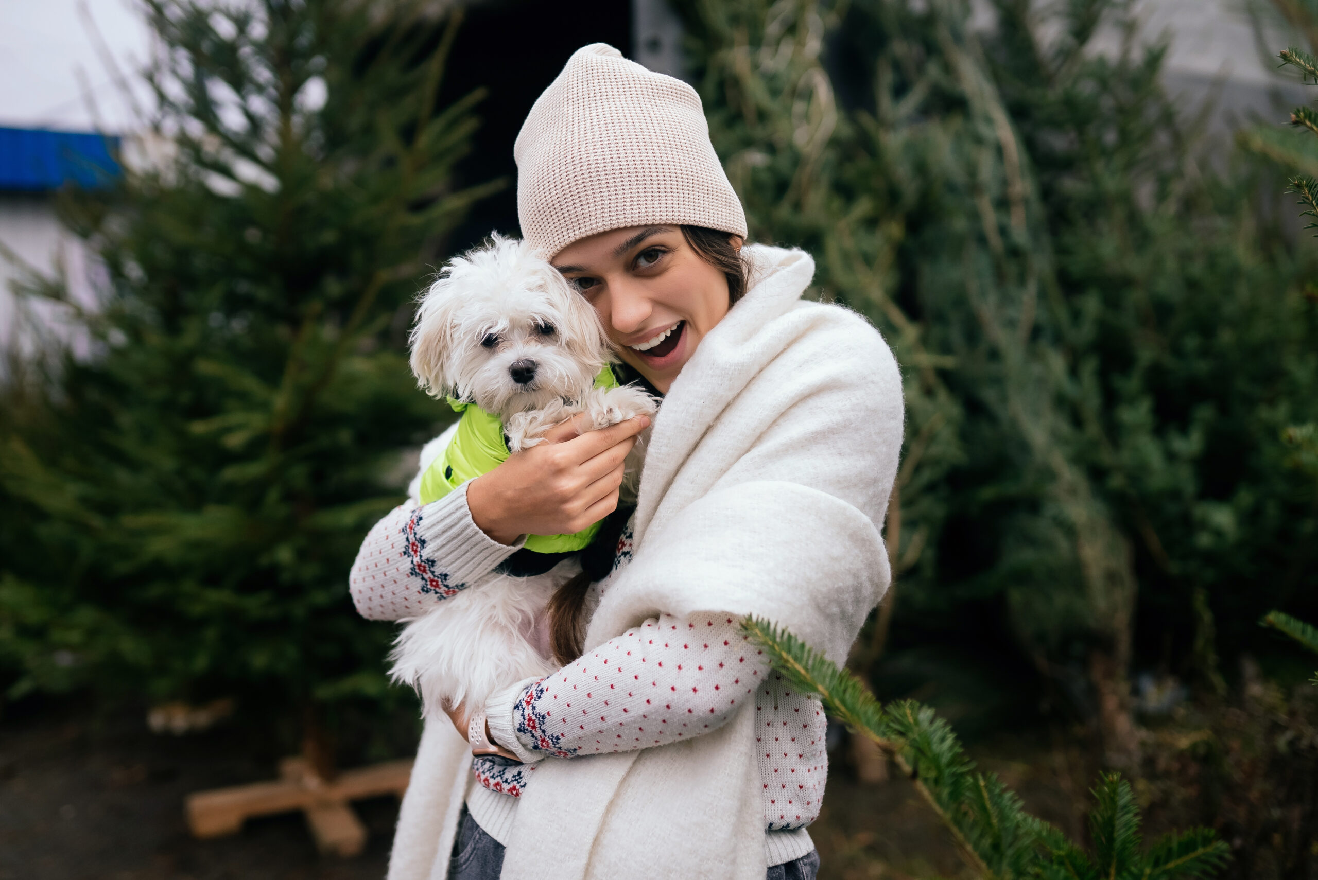Beautiful young woman with a white dog
